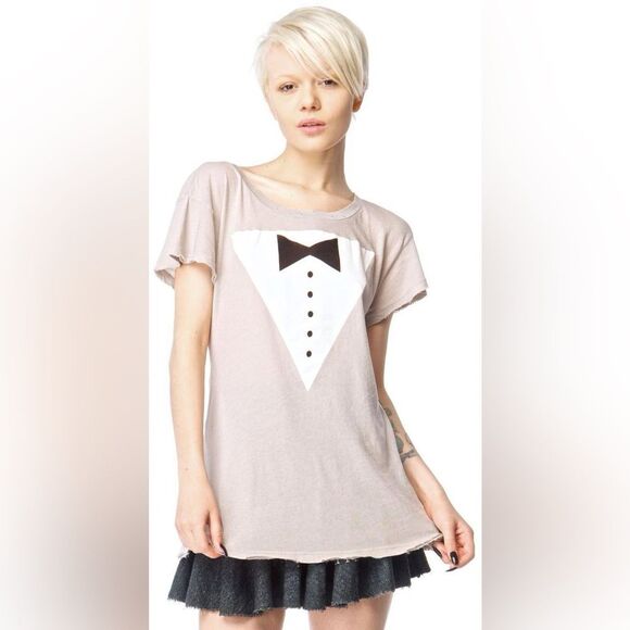 WILDFOX Early 2010s OG Wildfox Era Black Tie Tuxedo Hippie Crew Distressed Tee - Picture 1 of 12